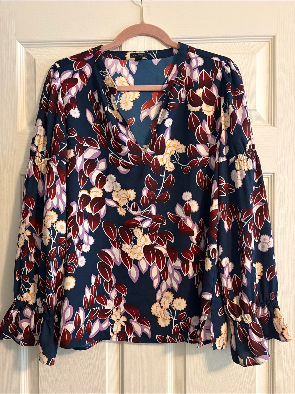 Ann Taylor Floral V-Neck Long Sleeve Blouse - Navy / Multicolor